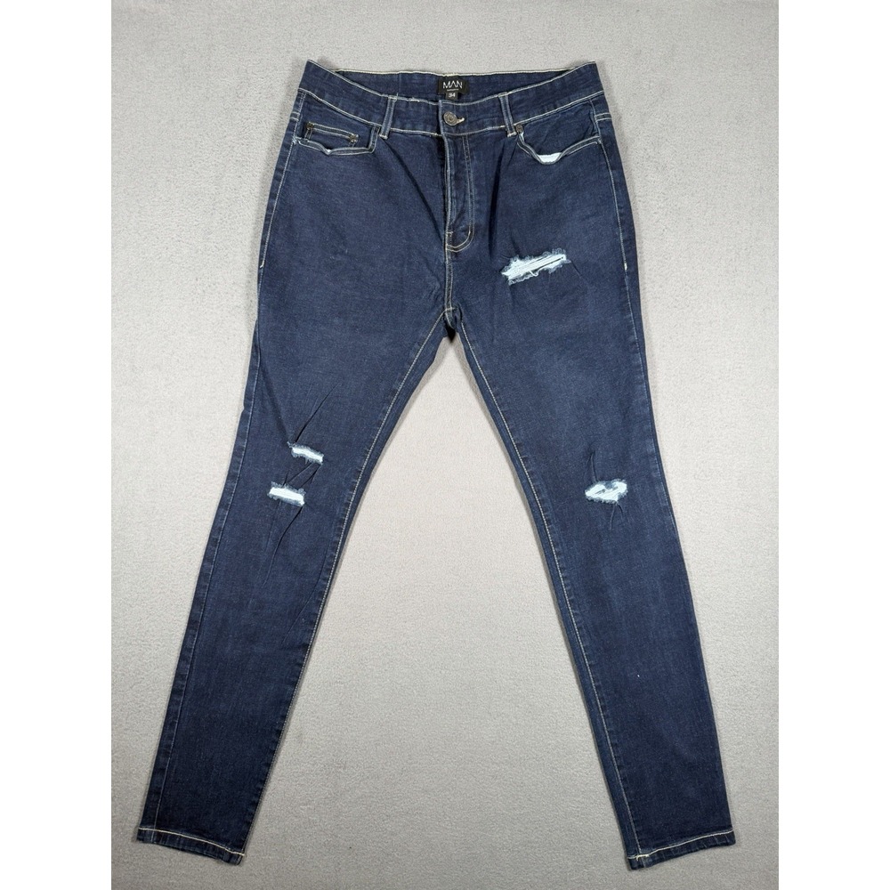 BoohooMAN Dark Wash Distressed Skinny Jeans Mens 34x32 Blue Ripped Denim Pants